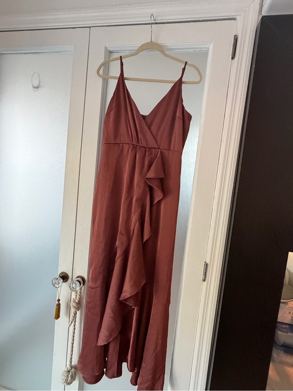 Rust Ruffle-Front Maxi Slip Dress with Spaghetti Straps